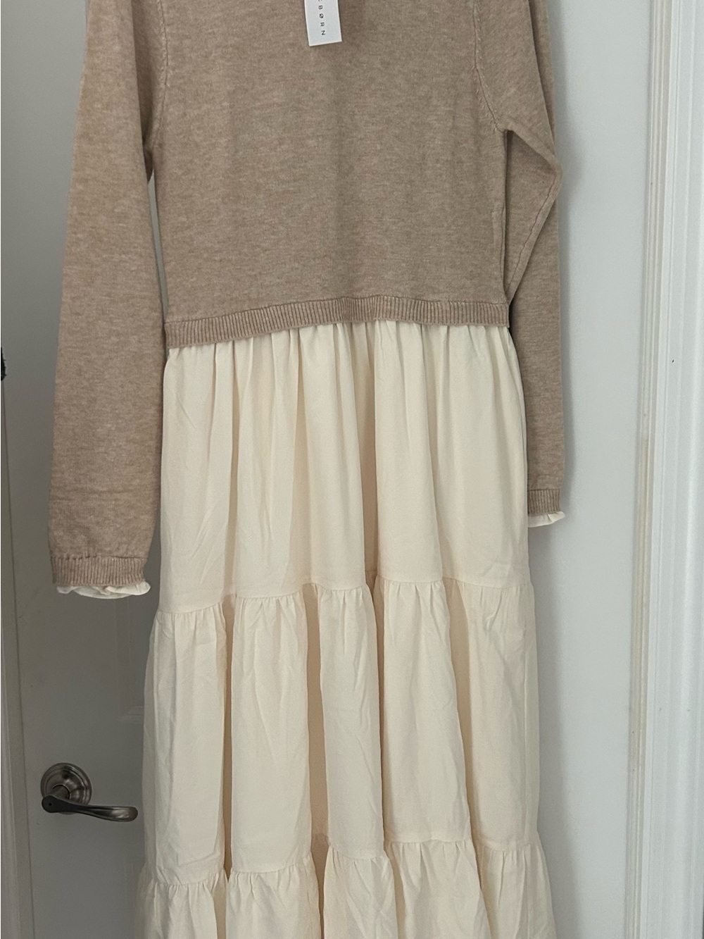 Baltic Born - Sophie Sweater Dress: Beige Knit Top Ivory Tiered Dress